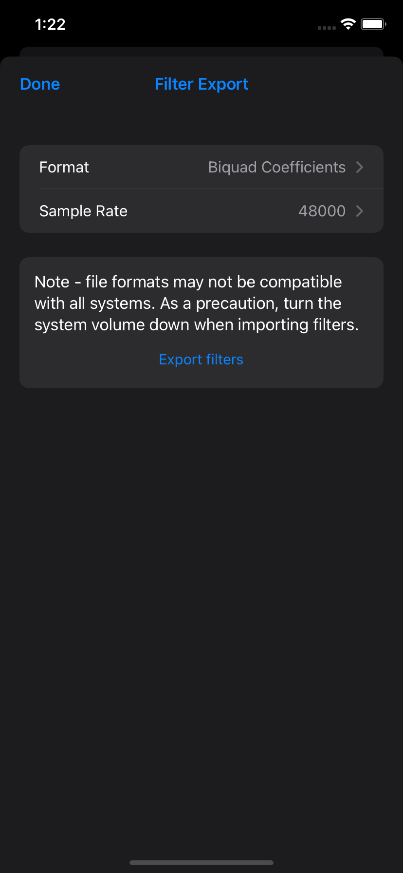 Filter export screen