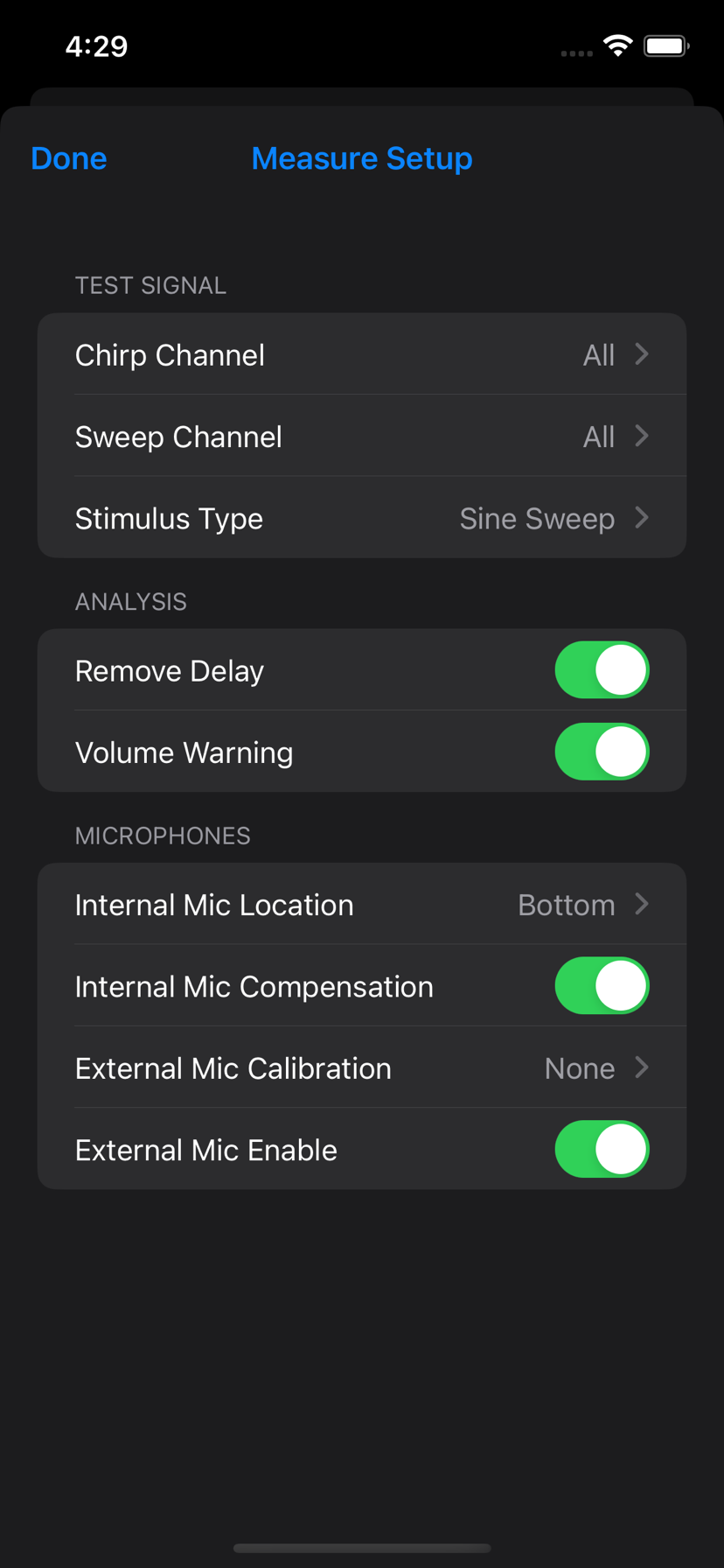 Measure setup screen